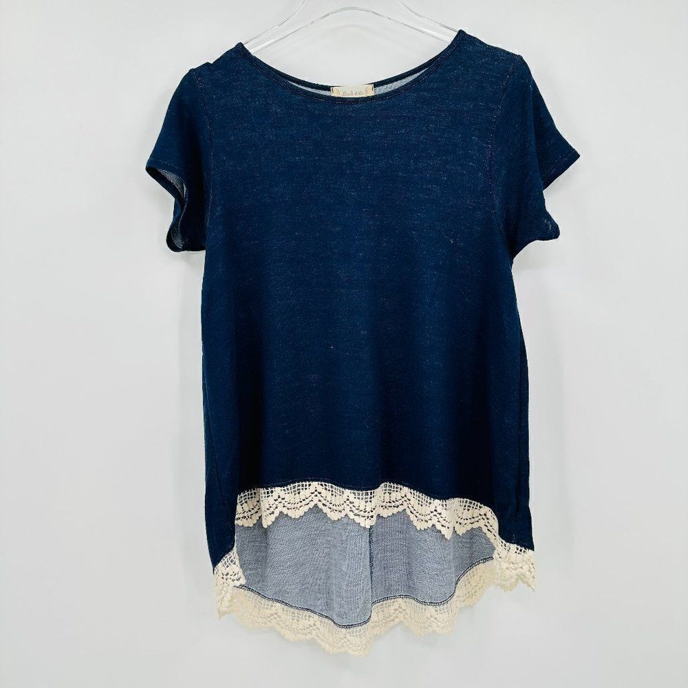 Altar'd State Size Small Navy Blue Lace Trim Short Sleeve Scoop Neck Knit Top